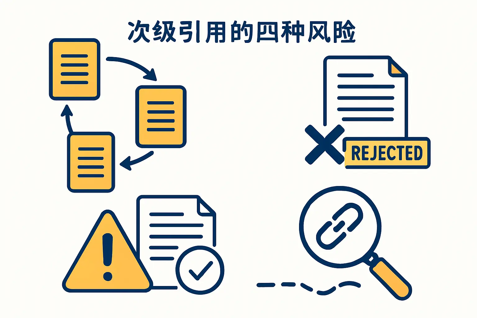 转引四大风险示意图：原文失真、期刊退稿、查重风险与引用链断裂
