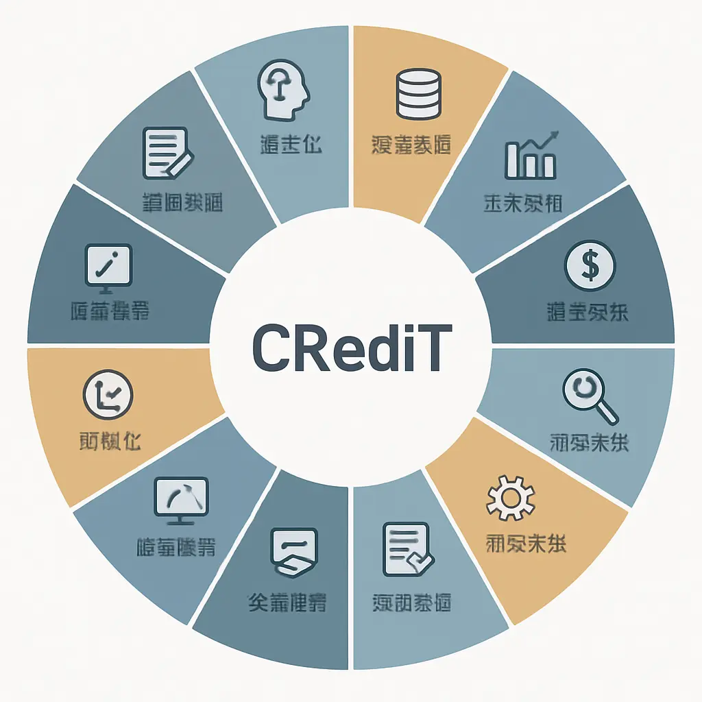 CRediT贡献者角色分类体系车轮图,展示14个标准化作者贡献角色维度