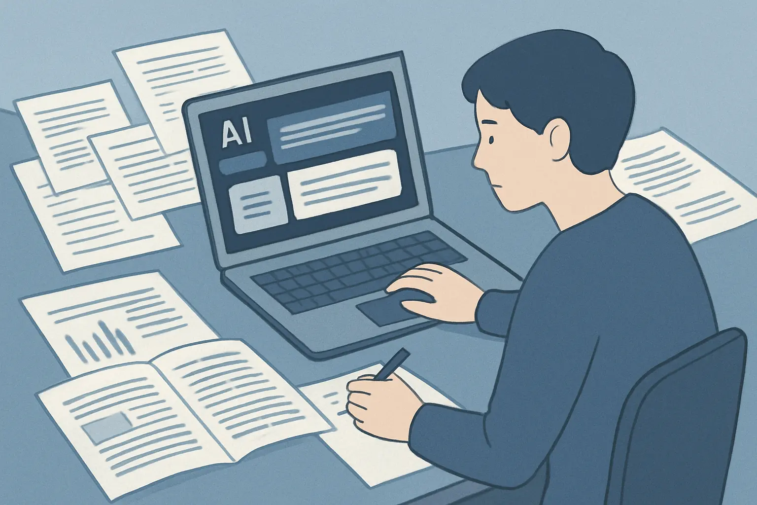 AI辅助文献综述工作流示意图：研究者借助AI工具整理学术文献