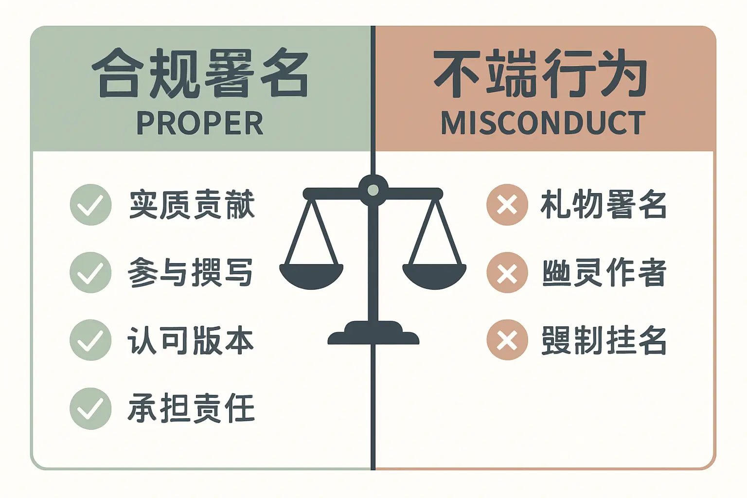 论文署名合规与不端行为对比图:左侧展示ICMJE四条合规标准,右侧列举礼物署名、幽灵作者等不端类型