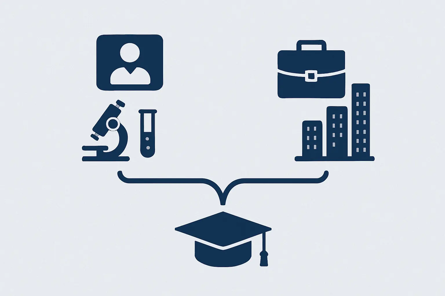 专硕与学硕职业路径分叉图:学硕通向读博科研路线,专硕通向行业就业路线